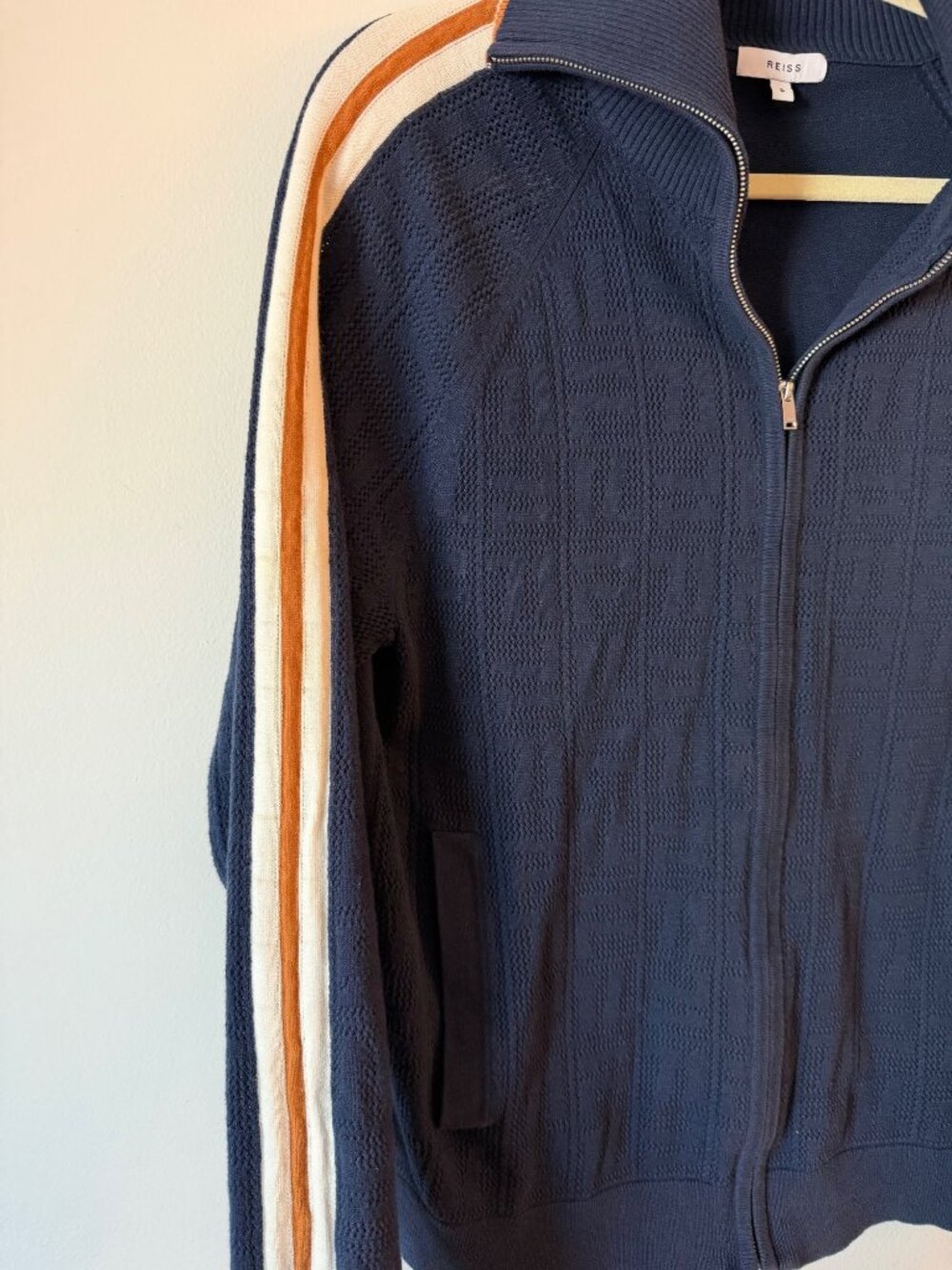 Reiss Navy Textured Knit Full-Zip Track Jacket With Striped Sleeves - Size S - Picture 3 of 9